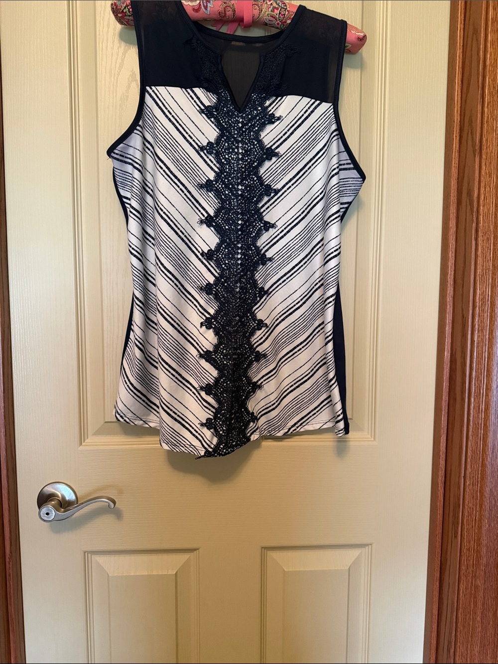 Maurices Navy and White Sleeveless Beaded Lace-Front Tank